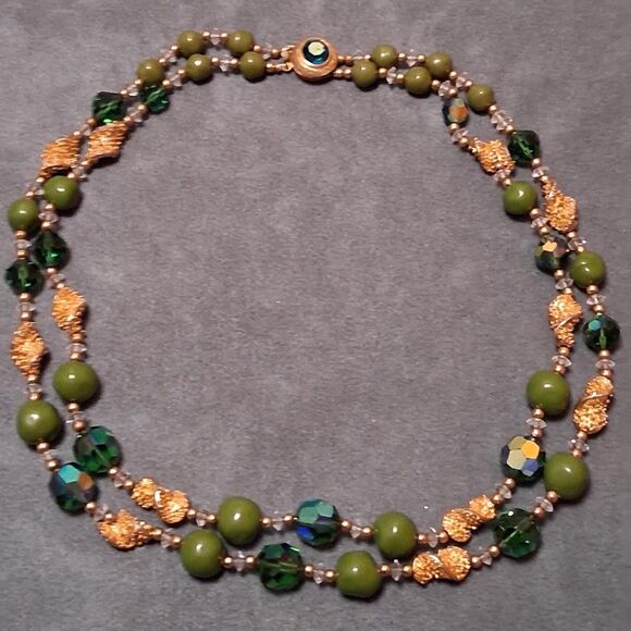 Vintage Green Blue Glass Beaded Two Strand Necklace AB Crystals - Picture 1 of 5